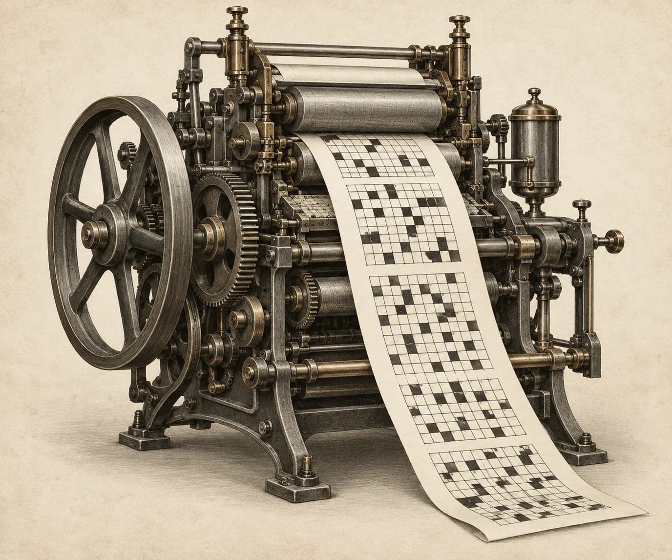 Mechanical printing engine producing a strip of crossword grids